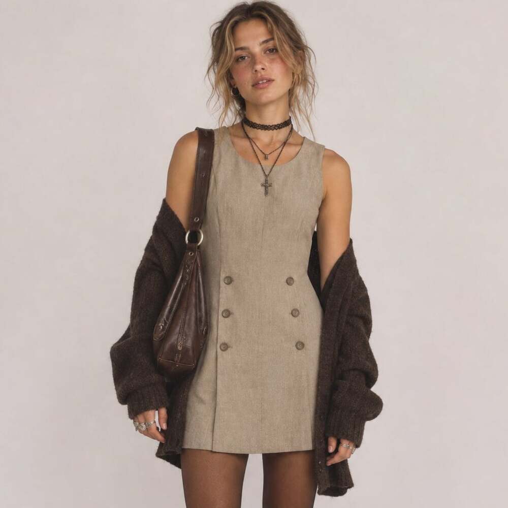 Vintage 90s Linen Overall Dress Jumper Beige Amy Byer 7 Medium Cottage Grunge